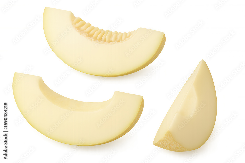 Poster honeydew melon slices floating, revealing embedded seeds, suspended against clear background with li
