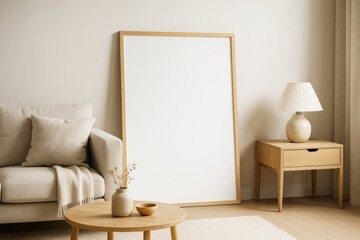 Minimalist interior with blank wooden frame, modern furniture, beige tones, soft light, cozy atmosphere, Scandinavian concept background. Ai generative