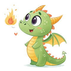 Obraz premium Cute cartoon baby dragon breathing small fire on transparent background for kids party invitations, fantasy illustrations, stickers and educational projects