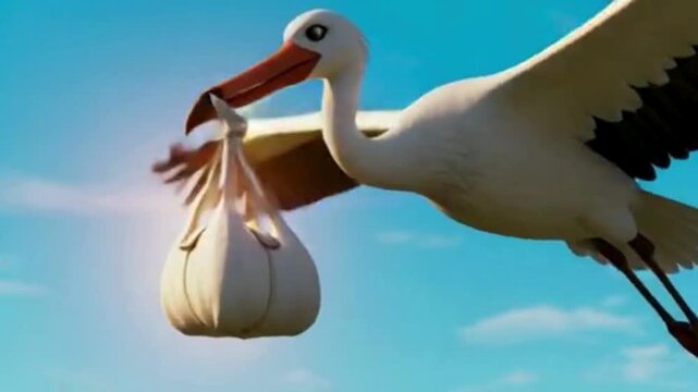 A stork bird flying in the bright blue sky carrying a baby bundle