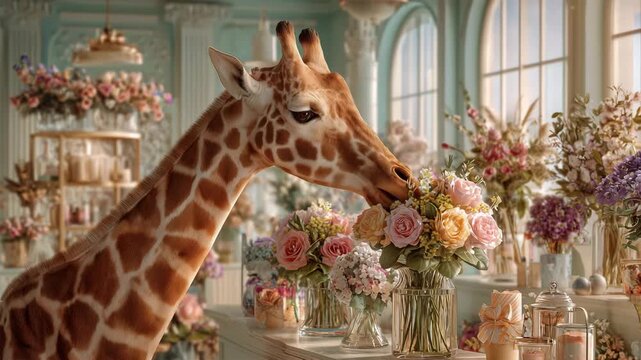 キリンが花屋で花束を作る様子
