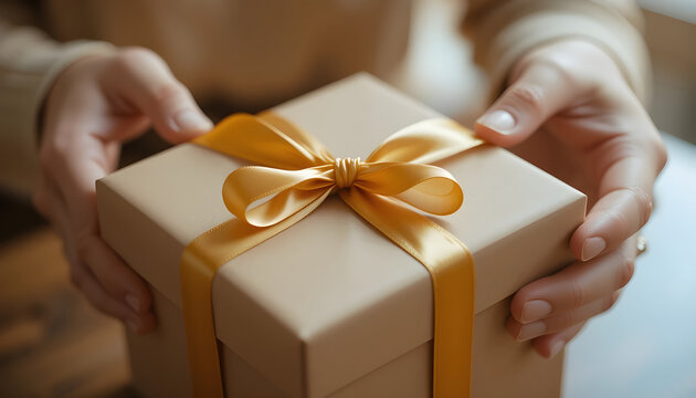 Close-up of hands tying golden ribbon on Christmas gift box in natural light