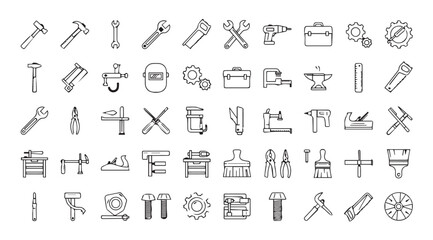 Collection of hand drawn workshop and craft tools in silhouette style