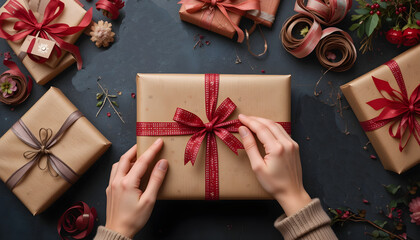 Gift wrapping station with ribbons, paper rolls, and hands in action