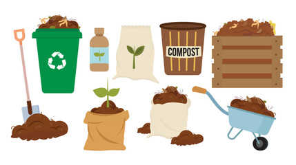 organic composting theme garden tools bag of compost ground food garbage illustration bio organic fertilizer compost bin box agronomy wheelbarrow worms cartoon