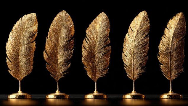 Golden feathers on stands, elegant display