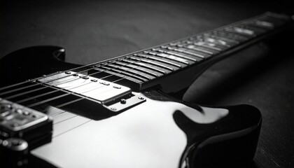 Dramatic black and white close-up of a classic electric guitar, highlighting the strings, fretboard, and sleek body in artistic detail