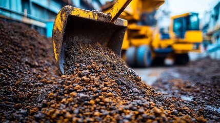 Excavators Bite  Construction vehicle scoops earth with industry background.