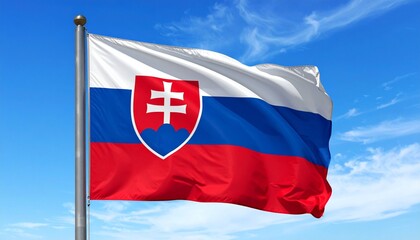Naklejka premium Waving Slovakia Flag with Red, White, Blue Stripes and National Coat of Arms