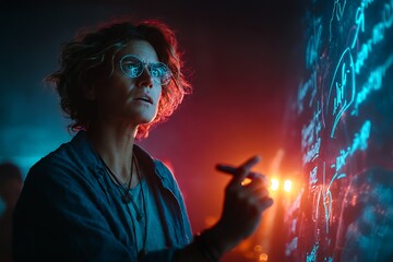 A thoughtful woman with curly hair and glasses analyzes complex equations on a digital board.