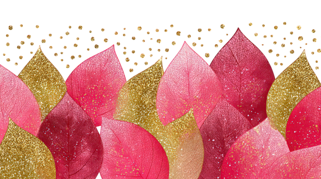 Pink and Gold Glitter Leaves Seamless Border