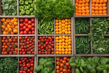 fresh vegetables and fruits arranged in a grid format 