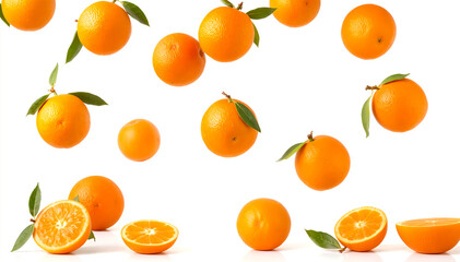 Fresh Oranges Floating Surrounded by Green Leaves on a White Background
