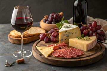 cheese,wine,meat and grapes on wooden platter 