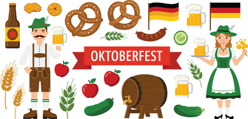 Oktoberfest flat vector illustration with man, woman in traditional clothes, beer mugs, pretzels, sausages, barrels, flags, and food.