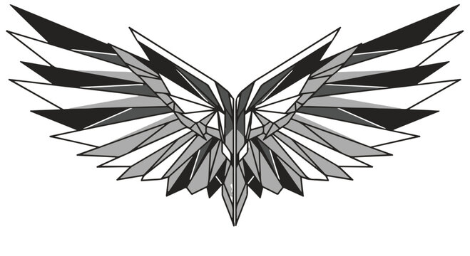 Geometric abstract wings symbolize freedom and power, rendered in a striking monochrome palette.