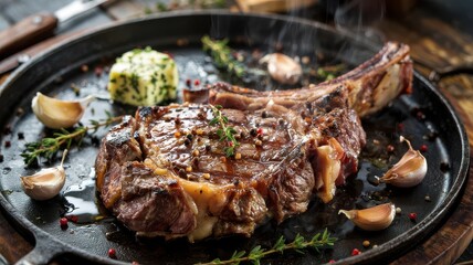 Fototapeta premium Charred ribeye steak bone-in on cast iron skillet with herb butter and roasted garlic cloves, perfectly seared with crosshatch grill marks and fresh thyme garnish