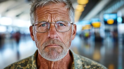 Proud parent elderly father warm smile airport terminal waiting arrival emotional anticipation weathered features authentic expression golden lighting background blur genuine moment