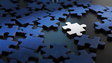 A single light puzzle piece surrounded by dark, incomplete puzzle pieces on a reflective surface.