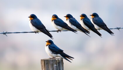 Fototapeta premium Swallows perched on barbed wire natural habitat wildlife photography peaceful environment close-up view bird behavior