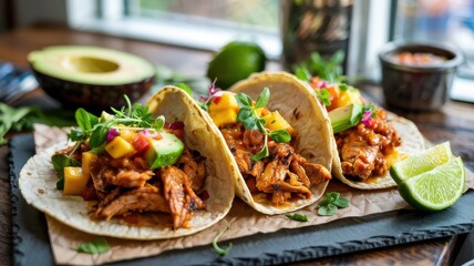 Mango habanero chicken tacos with fresh salsa, avocado and microgreens on corn tortillas served on slate stone plate