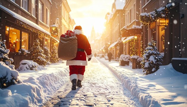 雪に覆われたヨーロッパの石畳の街並みを、サンタクロースがプレゼントの袋を背負って歩きます。
朝日に照らされた雪の結晶がキラキラと輝き、ショップの温かい光が雪に反射します。
静かな冬の街の雰囲気を表現し、広いネガティブスペースが確保されています。
クリスマス広告、ブランド素材、SNSコンテンツに最適です。