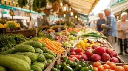 Vibrant Outdoor Farmers Market Featuring Neat Stalls Overflowing with Abundant Fresh Produce and Engaging Community Atmosphere