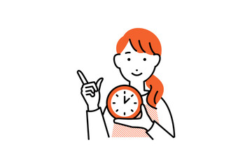時計を持った料理をするエプロンを着た女性の人物イラスト