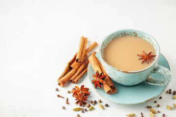 Traditional middle eastern beverage, indian drink masala tea or arabian karak chai. Closeup