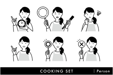 料理をするエプロンを着た女性の人物イラストセット モノクロ 1色