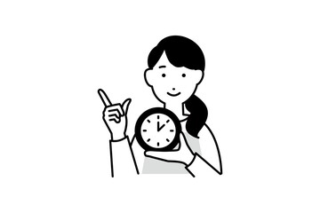 時計を持った料理をするエプロンを着た女性の人物イラスト モノクロ 1色