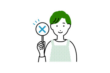 間違いのバツを持った料理をするエプロンを着た男性主夫の人物イラスト