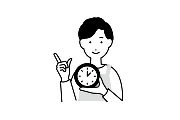 時計を持った料理をするエプロンを着た男性主夫の人物イラスト モノクロ 1色
