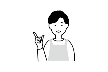 指を差す料理をするエプロンを着た男性主夫の人物イラスト モノクロ 1色