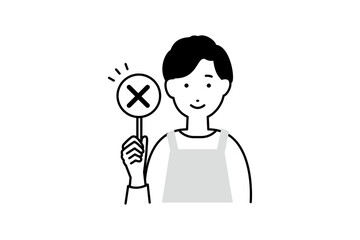 間違いのバツを持った料理をするエプロンを着た男性主夫の人物イラスト モノクロ 1色