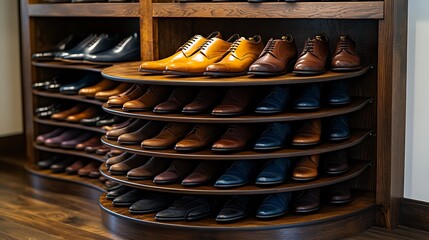 Exquisite Mens Shoes on Elegant Wooden Display.