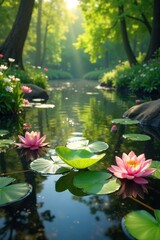 Serene springtime pond scene; vibrant green lily pads float on the surface, sunlight dappling the water, surrounded by lush budding trees and wildflowers , peaceful, leaves, water