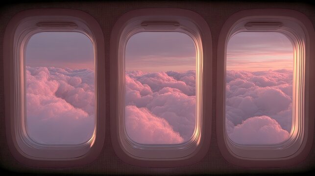 Fototapeta Passenger perspective from aircraft cabin airplane window view of sky through clouds in serene environment