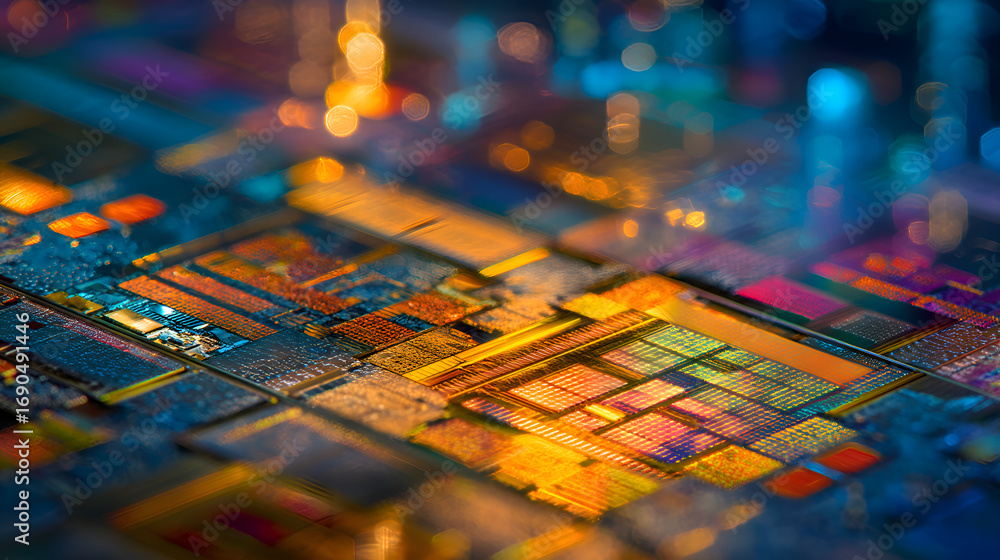 Poster macro view of semiconductor cpu showing intricate details and colorful components