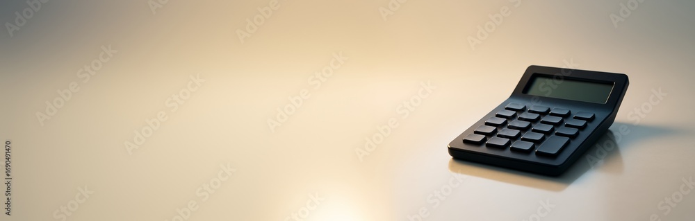 Poster minimalist black calculator on glossy surface with soft lighting and empty copyspace on left side fo