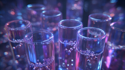 Test tubes bubbling with mysterious purple liquid in laboratory setting