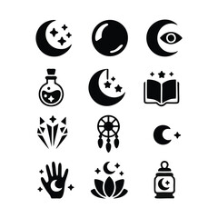 Mystical and Spiritual Icons: A Set of Black and White Magic Symbols.