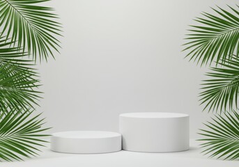Empty product display pedestals framed by tropical palm leaves studio mockup
