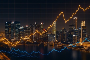 Abstract financial growth chart with glowing lines over modern city skyline at night, symbolizing business trends and urban economic development.