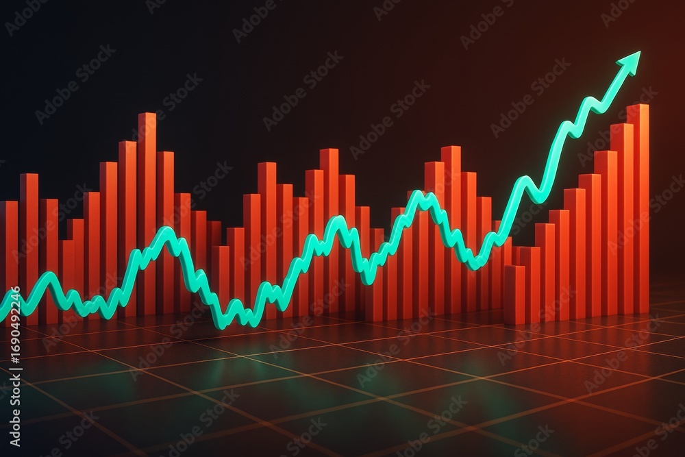 Poster abstract 3d bar chart and upward glowing line graph on dark background symbolizing financial growth 