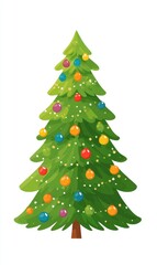 A Christmas tree, festive element, flat vector design, bright green with colorful baubles, isolated on white background.	
