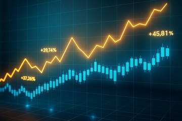 Business stock market financial growth concept with glowing light chart bars and upward trend line on dark background grid.