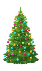 A Christmas tree, festive element, flat vector design, bright green with colorful baubles, isolated on white background.	