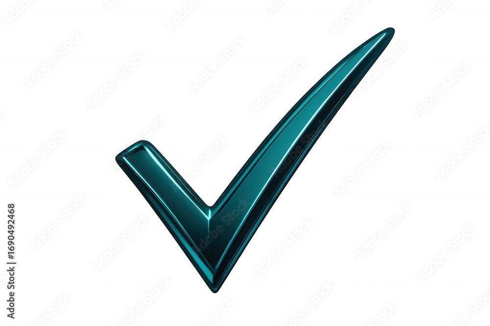 Poster teal metallic check mark symbol rendered in 3d, symbolizing confirmation against transparent backdro