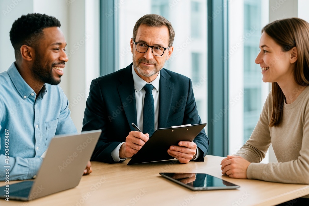 Poster business professionals in meeting in modern office with light background, discussing strategy and co